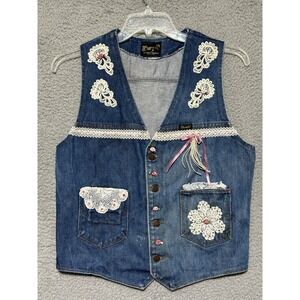 Vintage Wrangler Denim Vest Womens Medium Lace Embellished Western Grandmacore